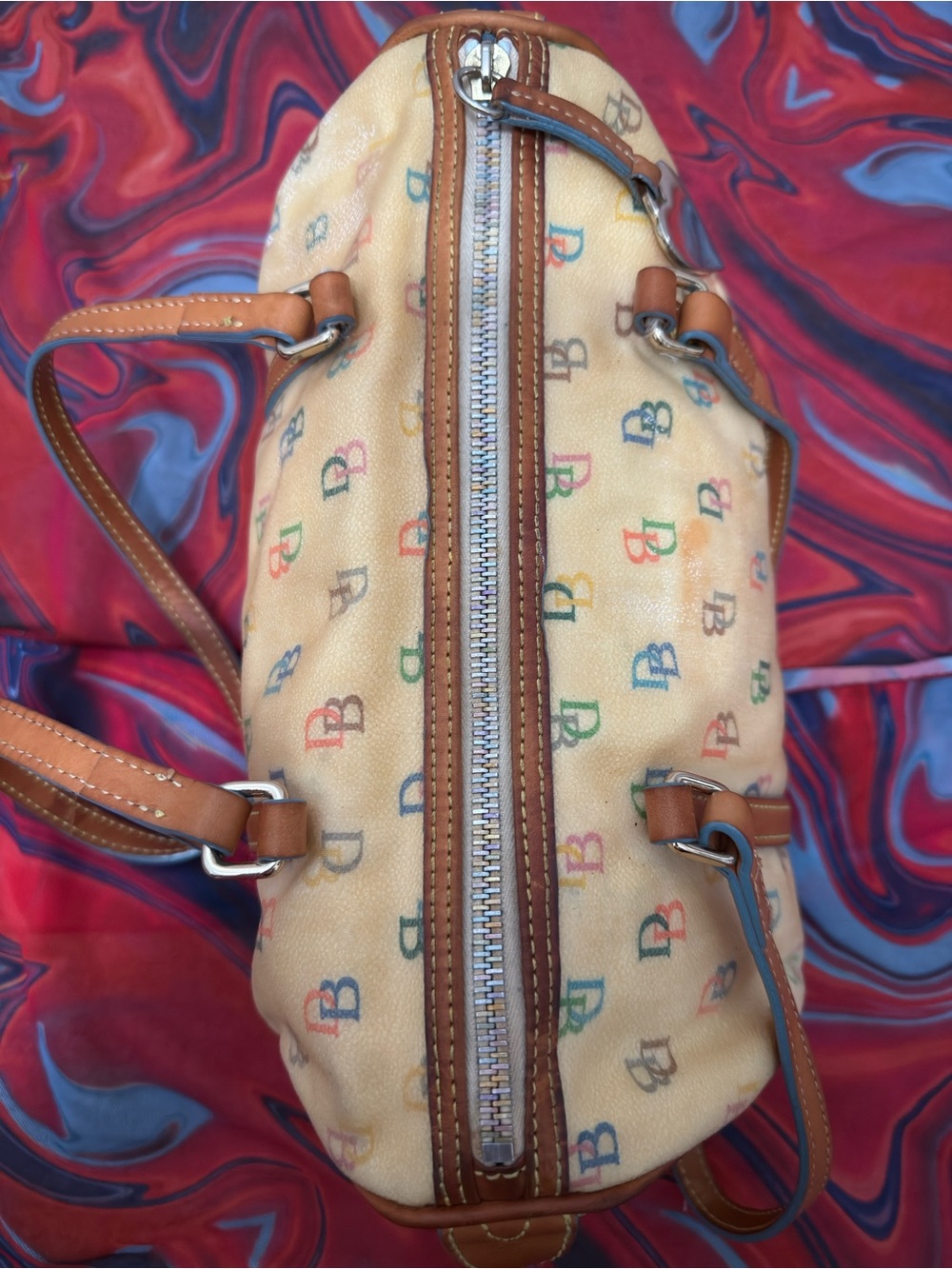Vintage Y2K Dooney & Bourke Multi Color Monogram Barrel Satchel Bag - Picture 7 of 9